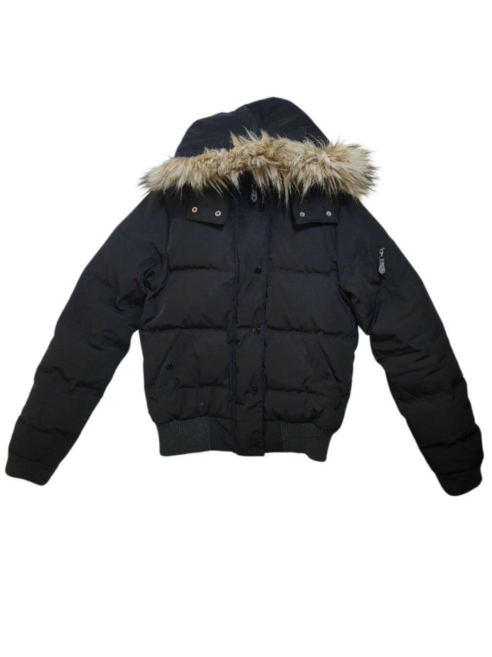 American Eagle Fur Hood Puffer Bomber Jacket Black Small FLAW Y2K Streetwear
